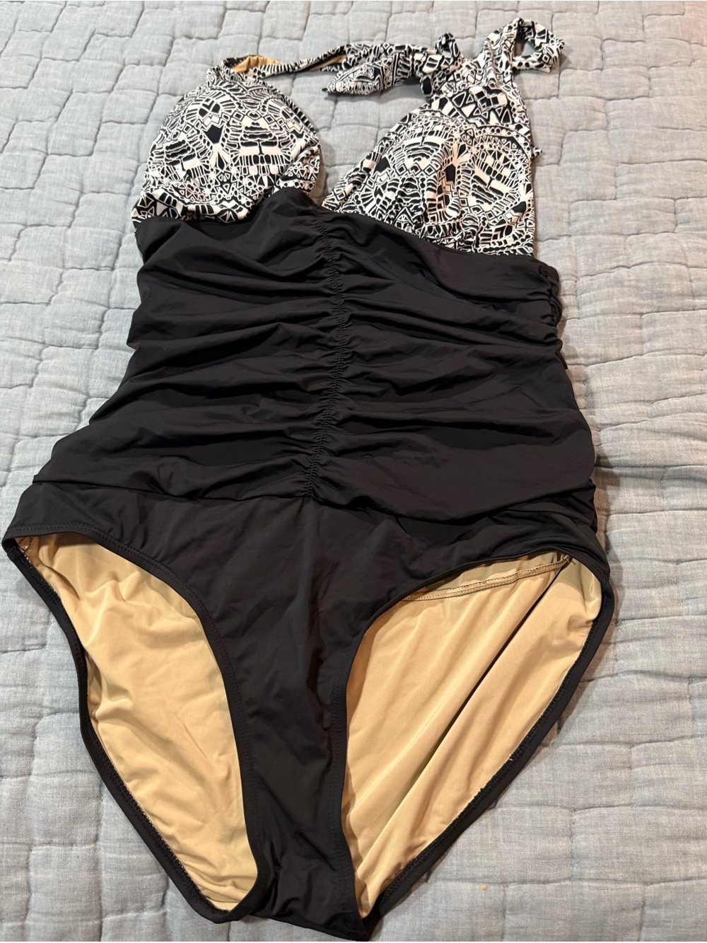 Tart Black One-Piece Swimsuit with Patterned White Halter Top